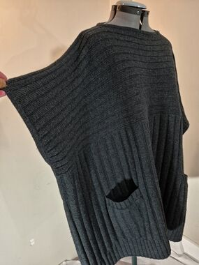 Charcoal Ribbed Poncho Sweater - Women